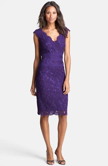 Petite Women's Tadashi Shoji Embroidered Lace Sheath Dress P - Purple