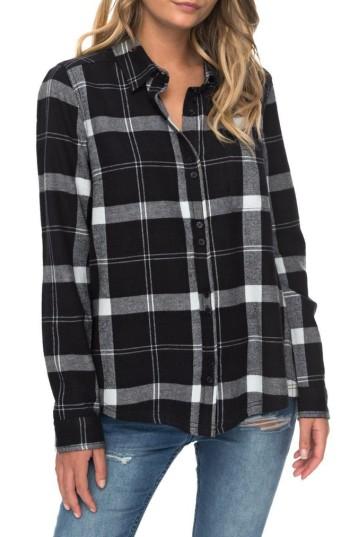 Women's Roxy Heavy Feelings Plaid Cotton Shirt - Black