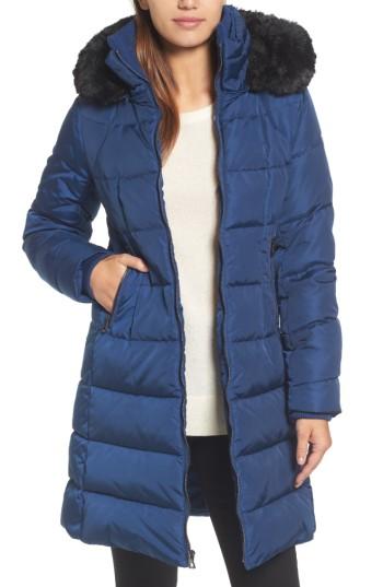 Women's Vince Camuto Down & Feather Fill Coat With Faux Fur Trim Hood - Blue