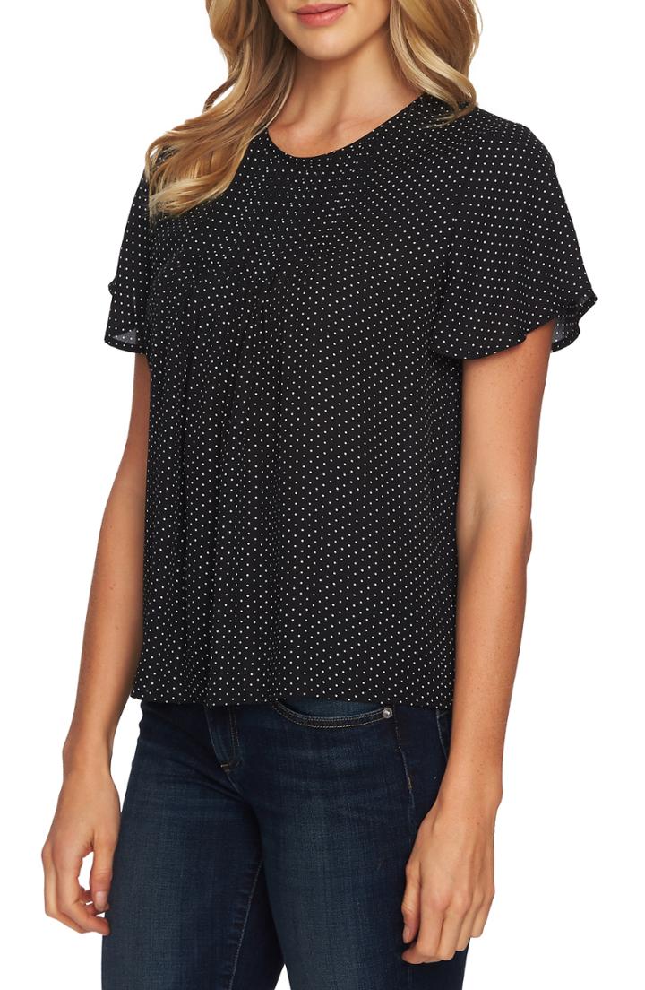 Women's Cece Refined Pin Dot Pintuck Short Sleeve Blouse, Size - Black