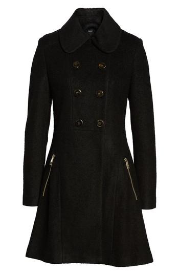 Petite Women's Guess Double Breasted Boiled Wool Peacoat P - Black