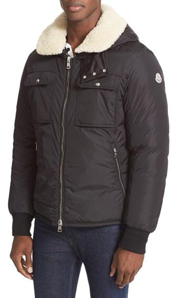 Men's Moncler Darwin Genuine Shearling Trim Hooded Down Jacket