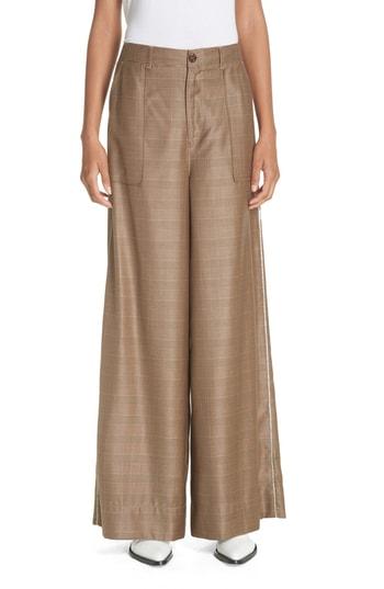 Women's Ganni Merkel Glen Plaid Wide Leg Silk & Wool Pants Us / 34 Eu - White