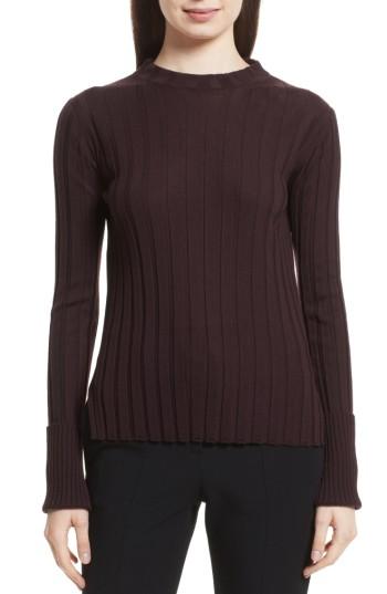 Women's Theory Wide Ribbed Mock Neck Wool Sweater, Size - Brown