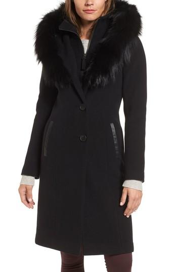 Women's Mackage Wool Blend Hooded Coat With Genuine Fox Fur Trim - Black
