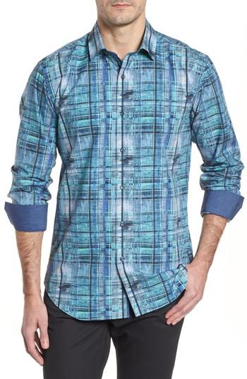 Men's Bugatchi Shaped Fit Distressed Check Sport Shirt - Blue