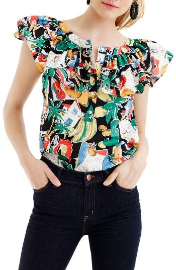 Women's J.crew Postcard Print Ruffle Top - Black