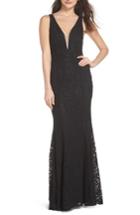 Women's Lulus Plunging Neckline Lace Trumpet Gown - Black