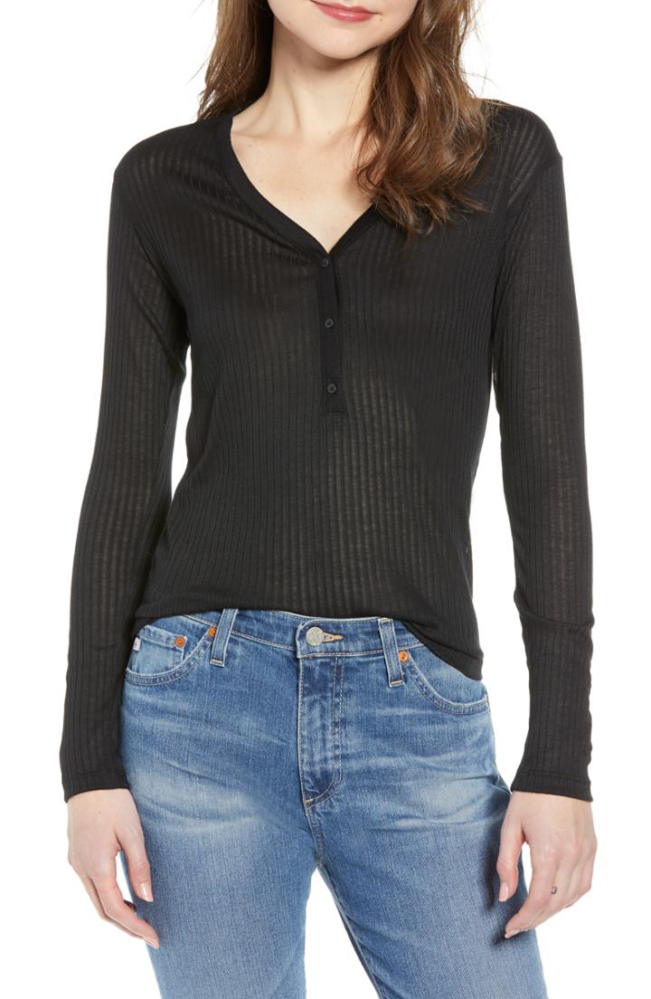 Women's Treasure & Bond V-neck Henley Top, Size - Black