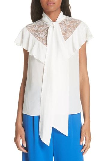 Women's Alice + Olivia Terry Tie Neck Silk Blouse - White