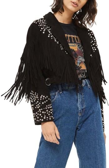 Women's Topshop Maggie Studded Fringe Suede Jacket Us (fits Like 0) - Black