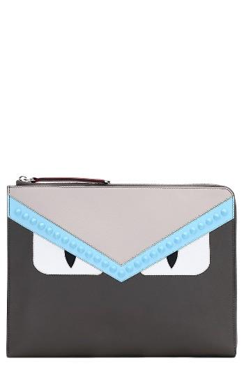 Fendi Large Monster Leather Zip Pouch - Grey