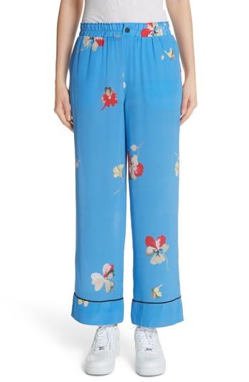 Women's Ganni Joycedale Floral Silk Lounge Pants Us / 34 Eu - Blue