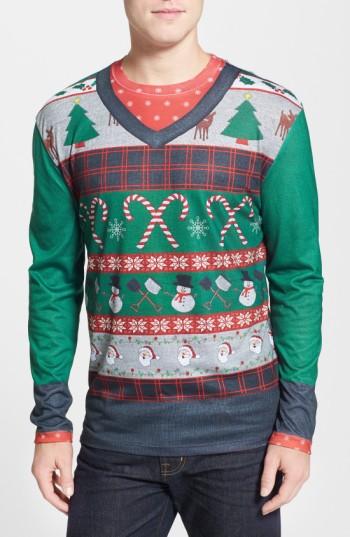 Men's Faux Real Candy Cane Ugly Christmas Long Sleeve Novelty T-shirt - Green