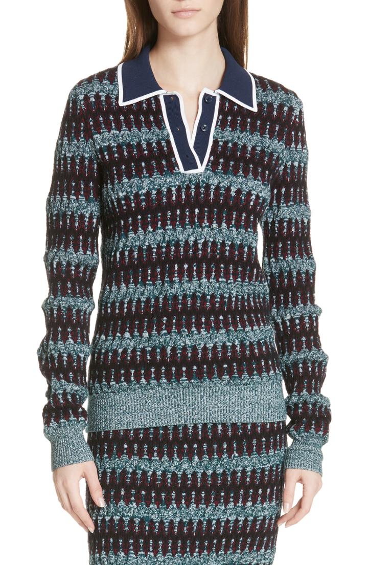 Women's Carven Stripe Merino Wool Blend Polo Sweater