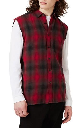 Men's Topman Sleeveless Plaid Shirt - Red