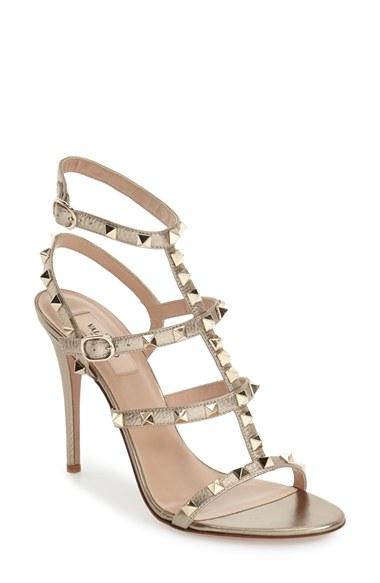 Women's Valentino 'rockstud' Ankle Strap Sandal Us / 36eu - Metallic