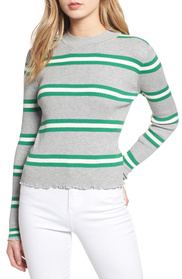 Women's Bp. Ribbed Lettuce Edge Stripe Sweater - Grey