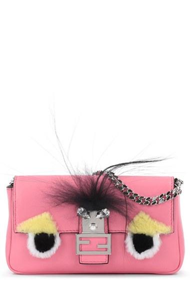 Fendi 'monster' Genuine Rabbit Fur & Genuine Fox Fur Micro Baguette - Pink