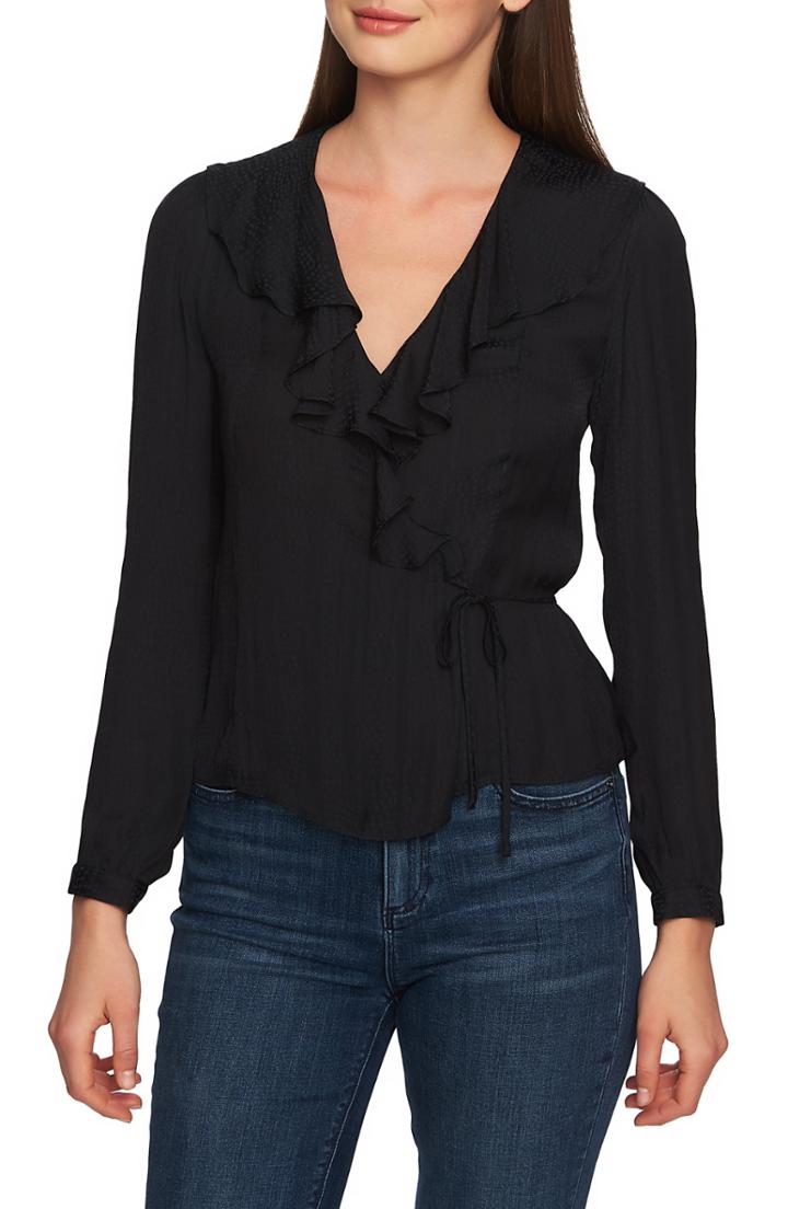 Women's 1.state Dot Jacquard Wrap Top, Size - Black