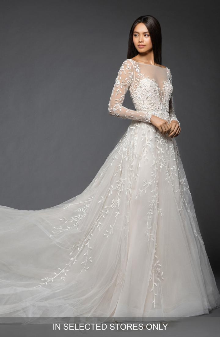 Women's Lazaro Isabel Long Sleeve Beaded Tulle & Chiffon Gown, Size - Ivory