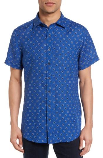 Men's Rodd & Gunn Westerham Regular Fit Print Linen Sport Shirt, Size - Blue