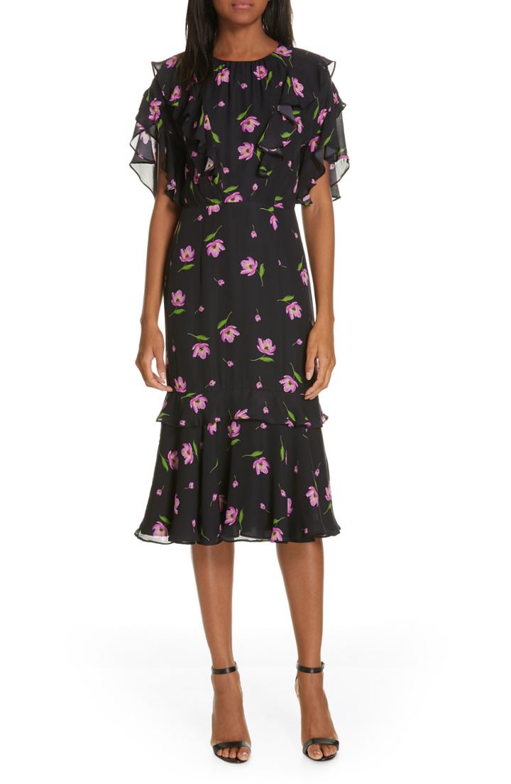 Women's Milly Gia Floral Print Ruffle Silk Dress - Black