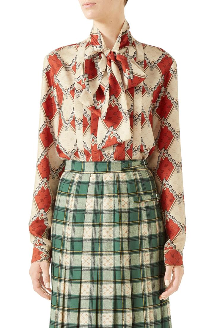 Women's Gucci Rhombus Print Silk Tie Neck Blouse Us / 40 It - Red