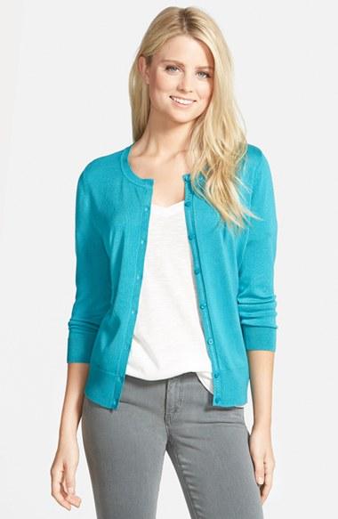 Women's Halogen Three Quarter Sleeve Cardigan - Blue