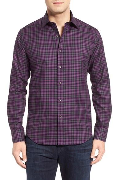 Men's Bugatchi Shaped Fit Check Sport Shirt, Size - Purple