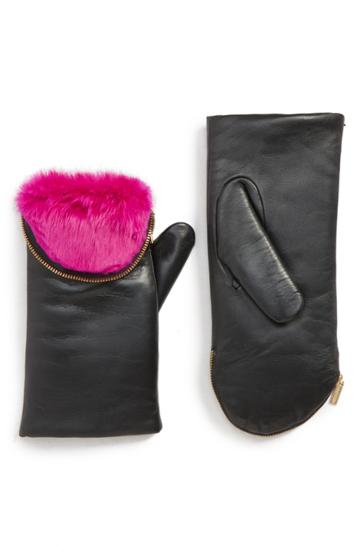 Women's Aristide Genuine Rabbit Fur Lined Lambskin Leather Zip Mittens - Pink