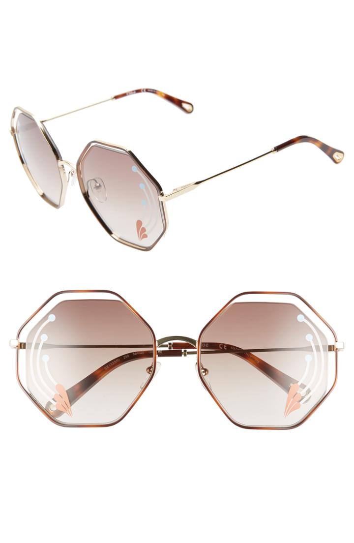 Women's Chloe Poppy 58mm Octagonal Halo Lens Sunglasses - Havana/ Gold Brown W Print