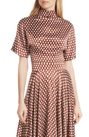 Women's Dvf Polka Dot High Neck Crop Silk Blouse - Brown