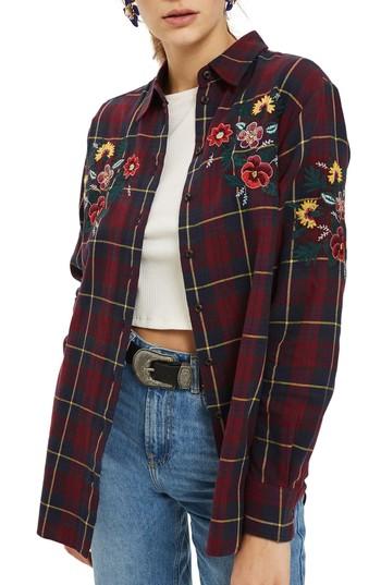 Women's Topshop Floral Embroidered Check Shirt Us (fits Like 0) - Blue