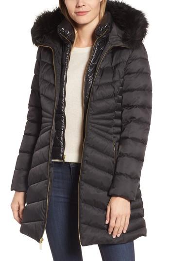 Women's Laundry By Shelli Segal Faux Fur Trim Puffer Coat - Black