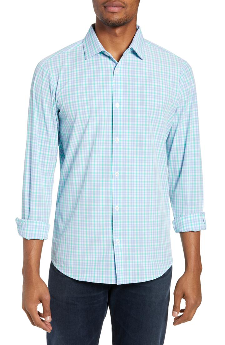 Men's Mizzen+main Knoll Trim Fit Plaid Performance Sport Shirt - Green