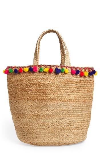 Shiraleah Santana Pompom Straw Tote - Beige