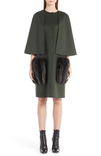 Women's Fendi Wool Cape Coat With Genuine Fox Fur Pockets Us / 38 It - Green