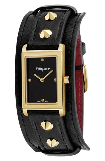 Women's Salvatore Ferragamo Fiore Studs Leather Strap Watch, 34mm