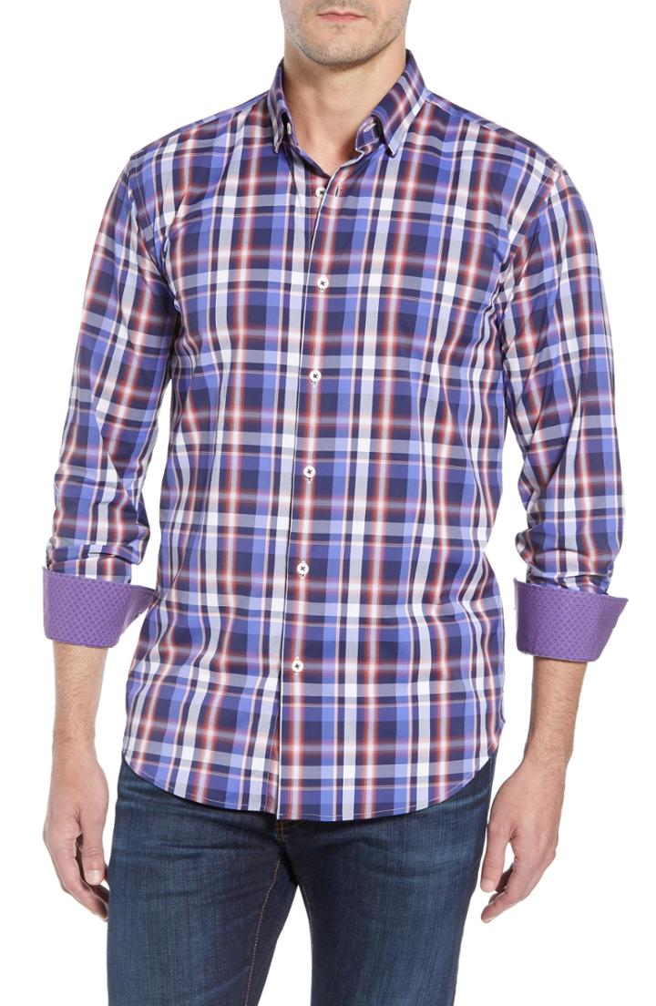 Men's Bugatchi Plaid Shaped Fit Sport Shirt, Size - Blue