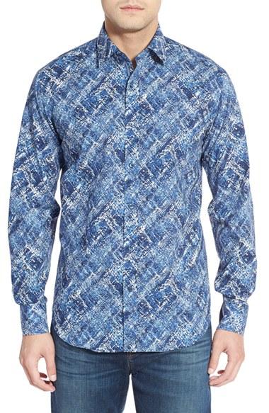 Men's Bugatchi Classic Fit Geo Print Sport Shirt - Blue