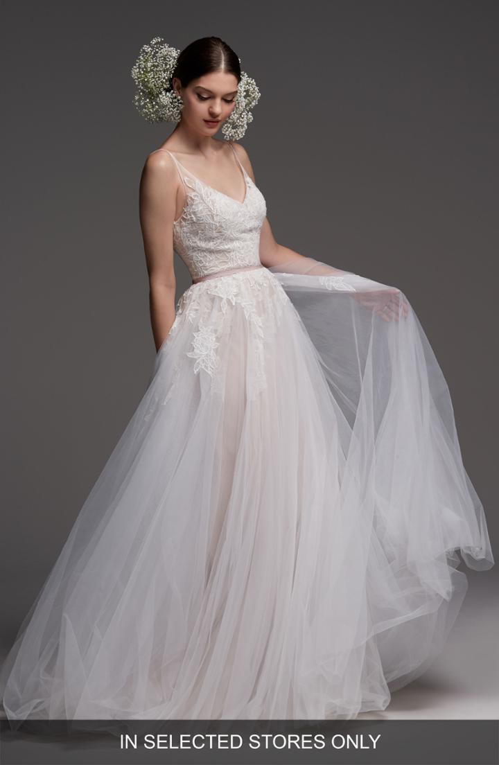 Women's Watters Avignon Lace & Tulle A-line Gown, Size - Ivory