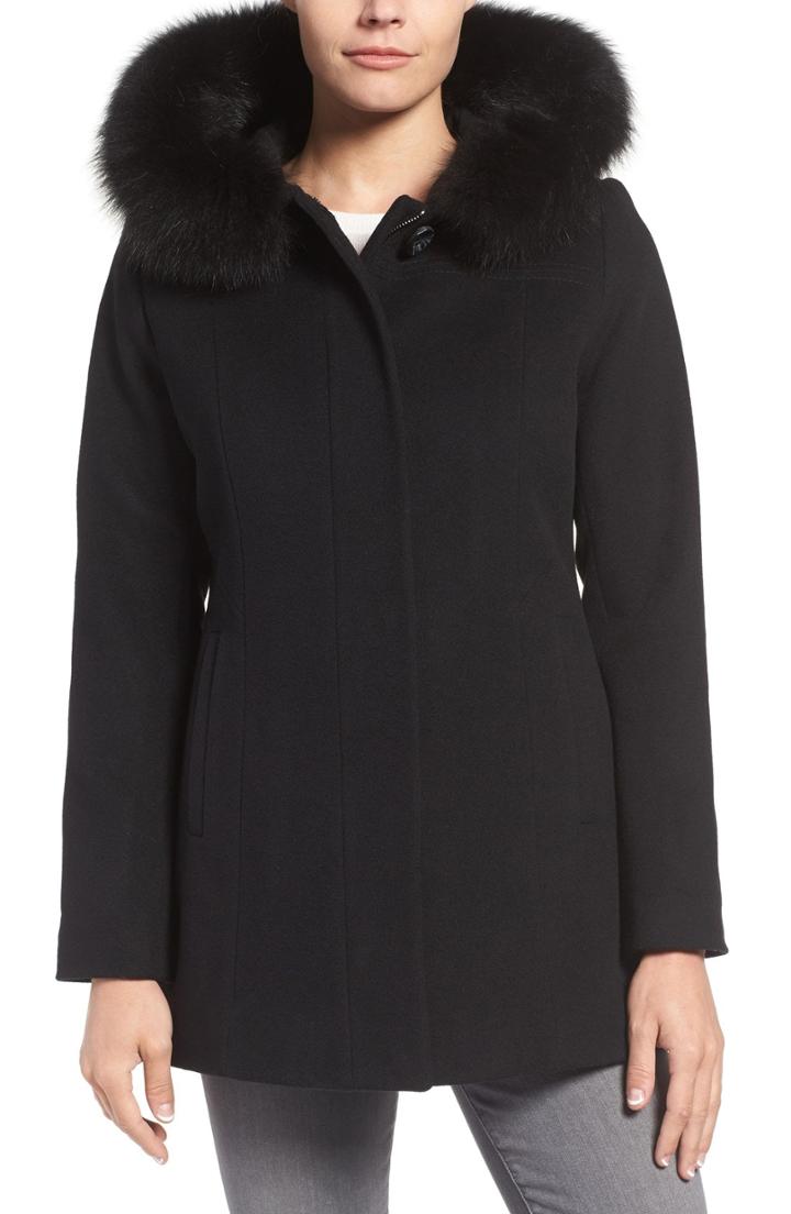 Women's Sachi Wool Blend Coat With Genuine Fox Fur Trim - Black
