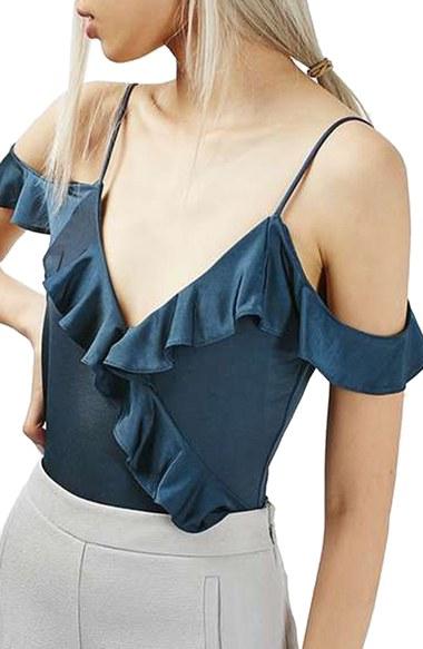 Women's Topshop Ruffle Trim Cold Shoulder Bodysuit