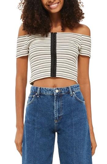 Women's Topshop Stripe Off The Shoulder Crop Top Us (fits Like 2-4) - Black