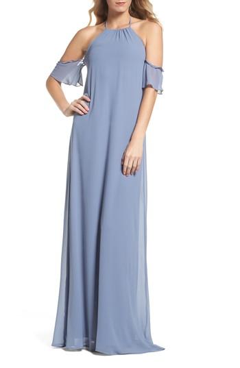 Women's Nouvelle Amsale Ruffle Sleeve Halter Gown, Size - Blue