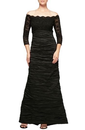 Women's Alex Evenings Embellished Off The Shoulder Empire Gown - Black