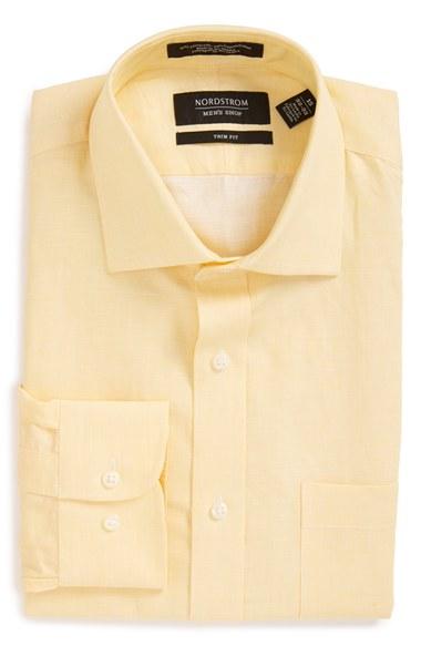 Men's Nordstrom Men's Shop Trim Fit Solid Linen & Cotton Dress Shirt .5 32/33 - Yellow
