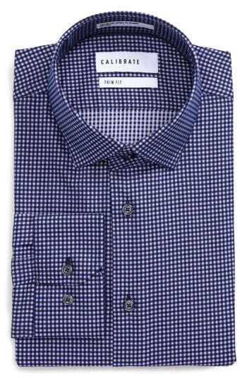 Men's Calibrate Trim Fit Stretch Check Dress Shirt 32/33 - Blue