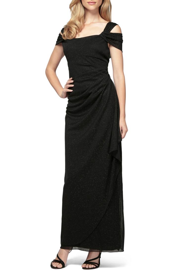 Women's Alex Evenings Cold Shoulder Chiffon Gown - Black